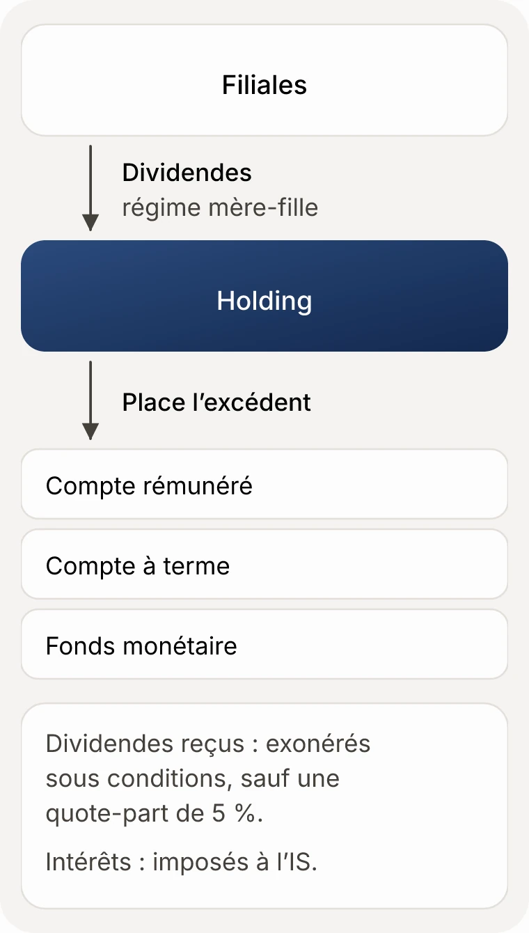 Les filiales versent des dividendes à la holding, sous le régime mère-fille. La holding place l'excédent sur un compte rémunéré, un compte à terme ou un fonds monétaire. Les dividendes reçus sont exonérés sous conditions, sauf une quote-part de 5 %. Les intérêts sont imposés à l'impôt sur les sociétés.